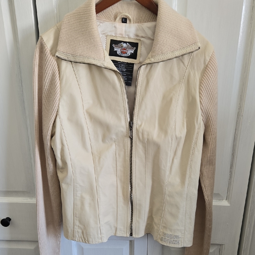 Harley-Davidson Cream Leather Jacket with Knit Sleeves